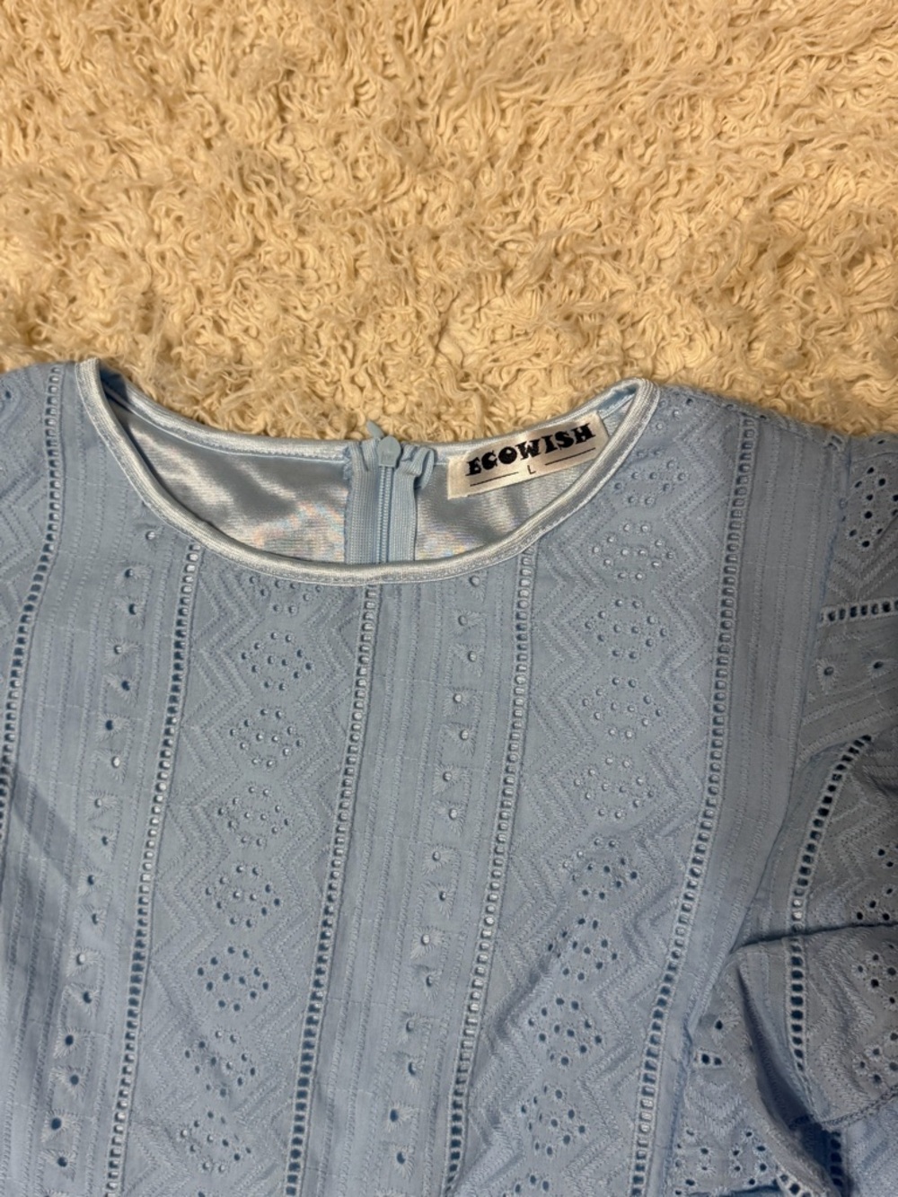 NWOT women’s size large Ecowish Light Blue Eyelet Ruffle Sleeve Dress - Picture 5 of 9